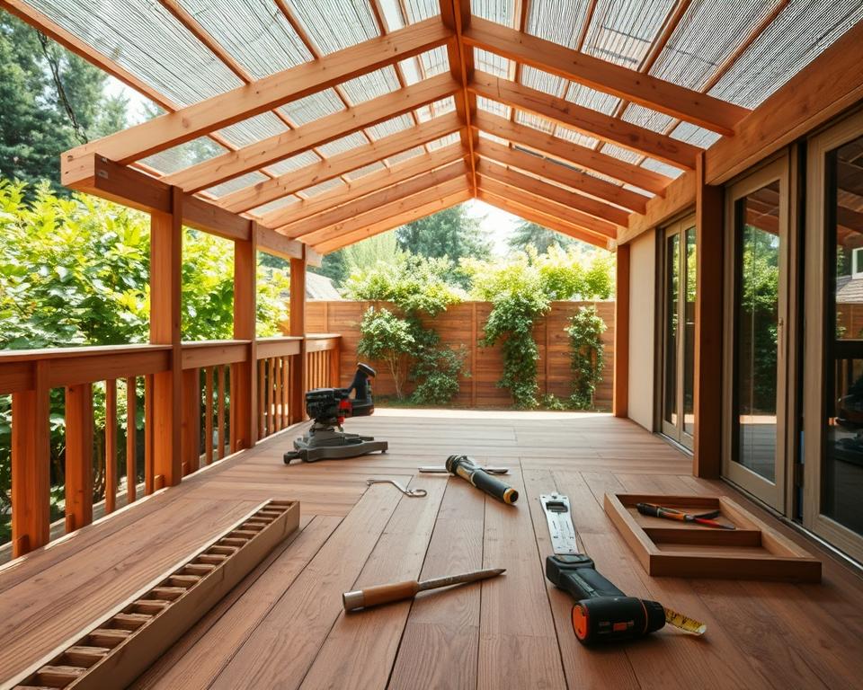 A well-structured wooden terrace covered by a protective roof, showcasing various wooden elements designed for durability. In the foreground, close-up views of carefully treated wood beams with visible grooves for effective water drainage and prevention of decay. In the middle, a partially constructed terrace with tools scattered around, including a saw and measuring tape, indicating an active building process. The background features a lush green garden, enhancing the natural setting. Soft diffused sunlight filters through the roofing structure, creating a warm, inviting atmosphere. The scene is captured from a slightly elevated angle, inviting viewers to appreciate the craftsmanship and planning involved in effective wooden preservation techniques. The overall mood conveys professionalism and attention to detail in construction.