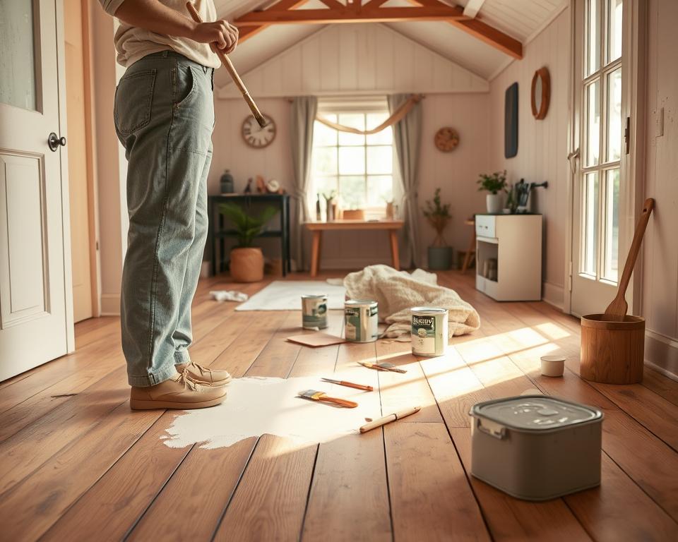 Anwendung von Renovierungsfarbe auf Holzboden