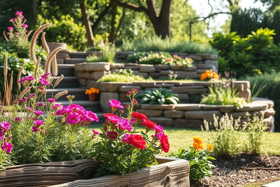 Beeteinfassungen aus Naturstein, Holz und Pflanzen
