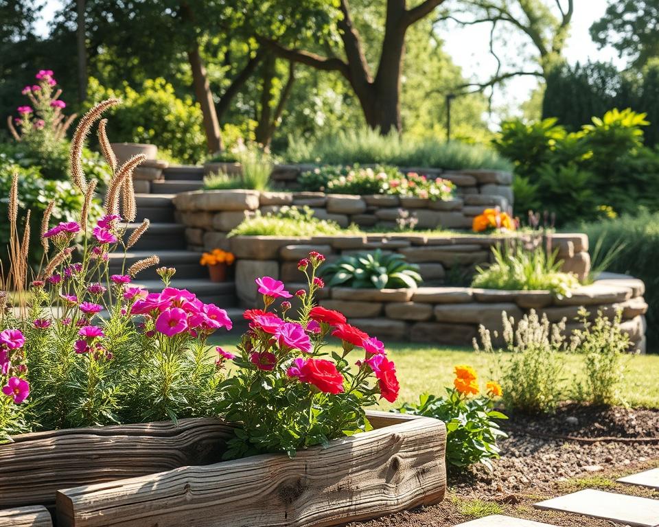 Beeteinfassungen aus Naturstein, Holz und Pflanzen