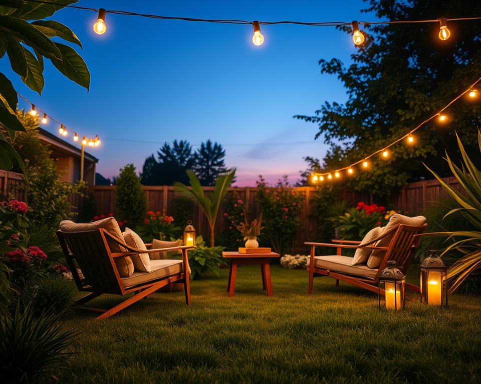 Create a serene garden scene during a warm summer evening. In the foreground, showcase a beautifully arranged outdoor seating area with comfortable chairs and a small wooden table, softly illuminated by string lights hanging overhead. The middle ground features lush green plants and colorful flowers, with strategically placed lanterns casting a warm glow. In the background, a clear twilight sky fades into shades of deep blue and purple, adding to the tranquil atmosphere. Soft shadows are cast upon the grass, and gentle illumination highlights the textures of the leaves. Use a gentle focus to create an inviting and cozy aura, as if it's a perfect night for relaxation and socializing outdoors. The image should evoke a sense of comfort and charm.