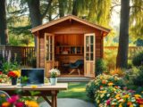 Holzhäuschen als Gartenbüro einrichten