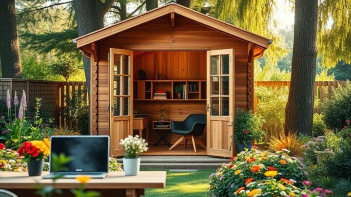 Holzhäuschen als Gartenbüro einrichten