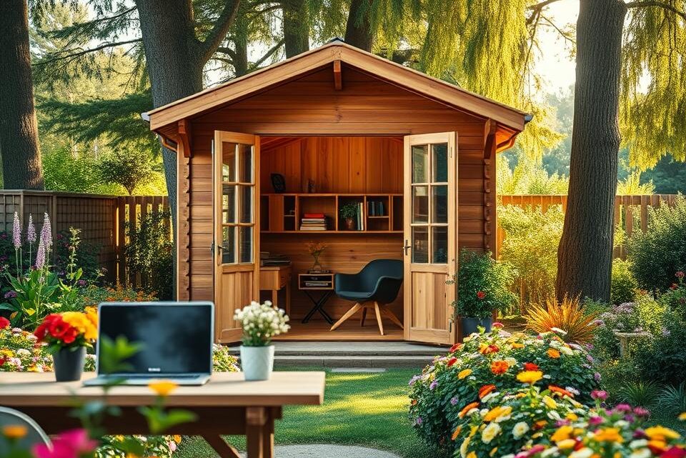 Holzhäuschen als Gartenbüro einrichten