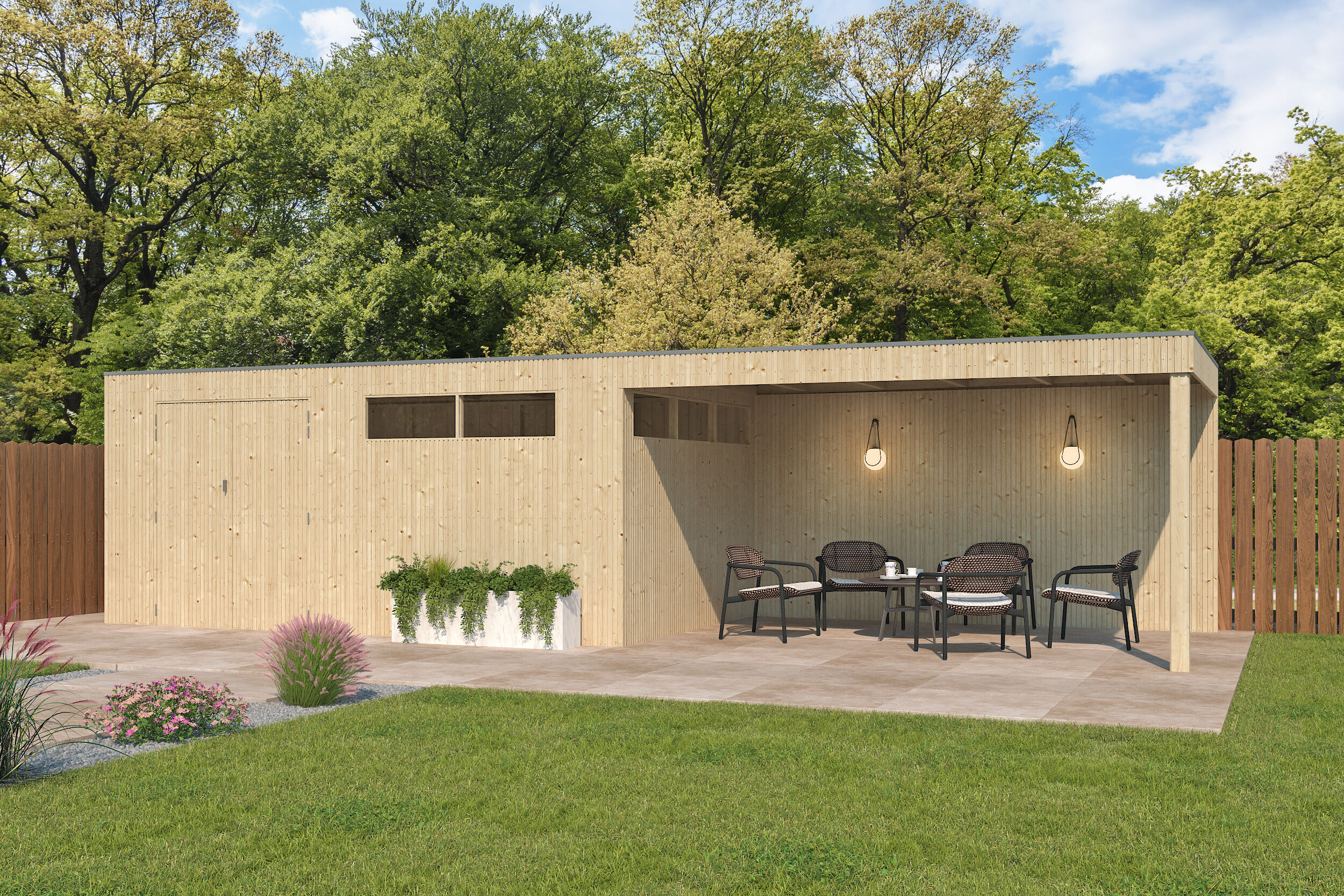 Gartenhaus Modell QBV3-Line 14,90 m² + 400 cm Anba 5x3m | Rabatt: 26 %