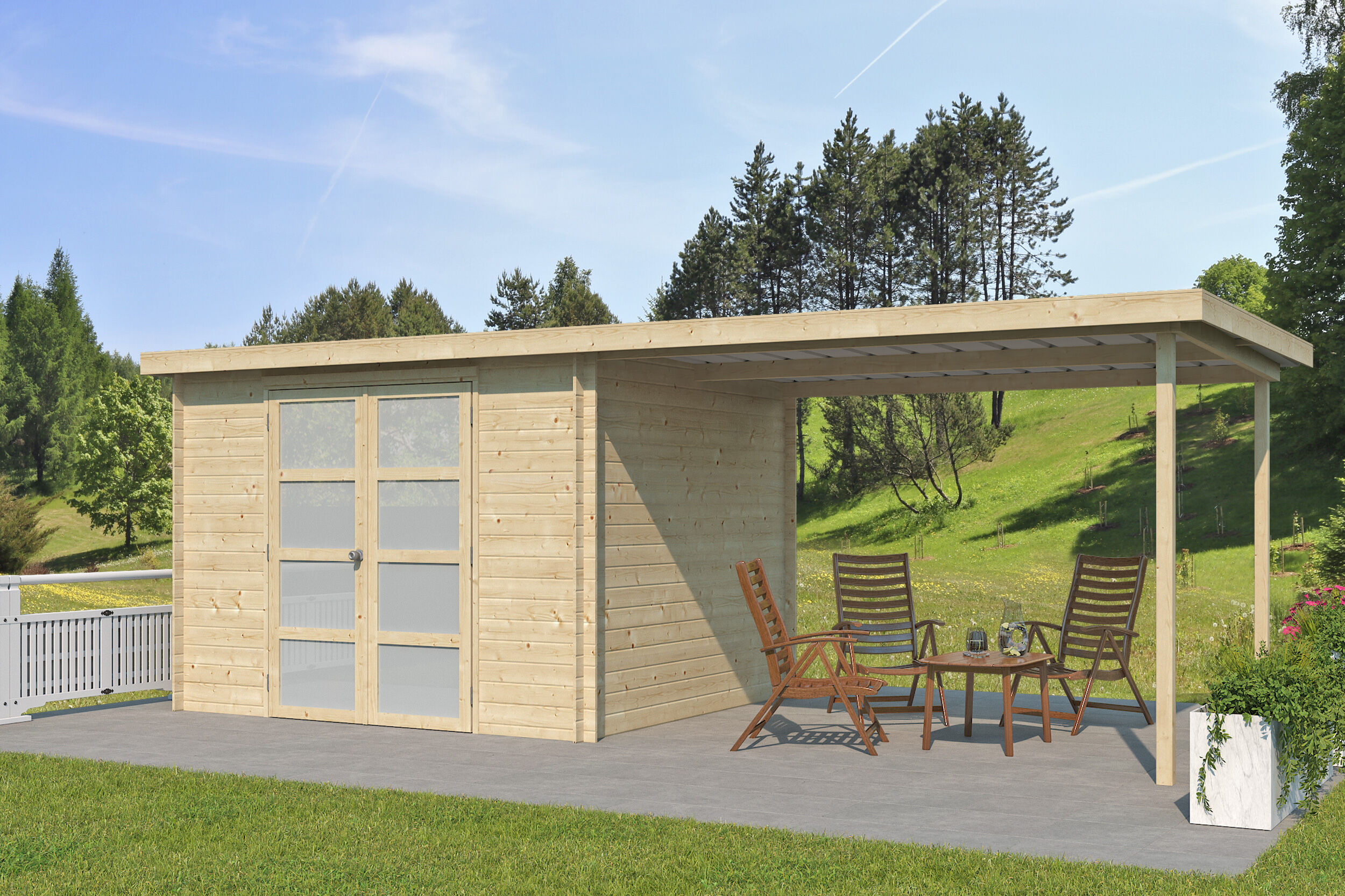 Gerätehaus Modell Umea 7,38 m² + 300 cm Anbau 7x4m | Rabatt: 26 %