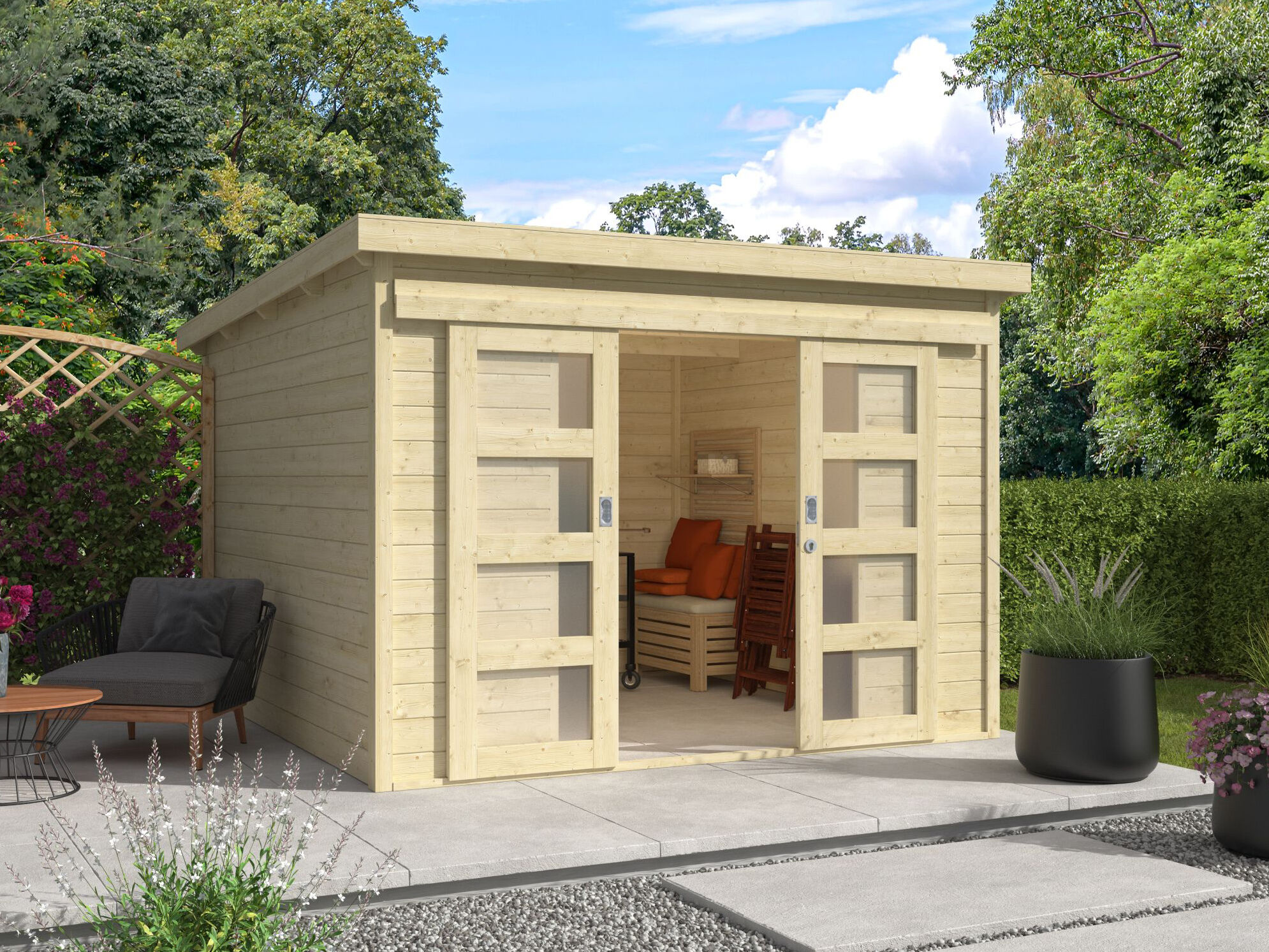 Pultdach Gartenhaus Modell Ella 28-C mit Schiebetü 3x3m | Rabatt: 26 %