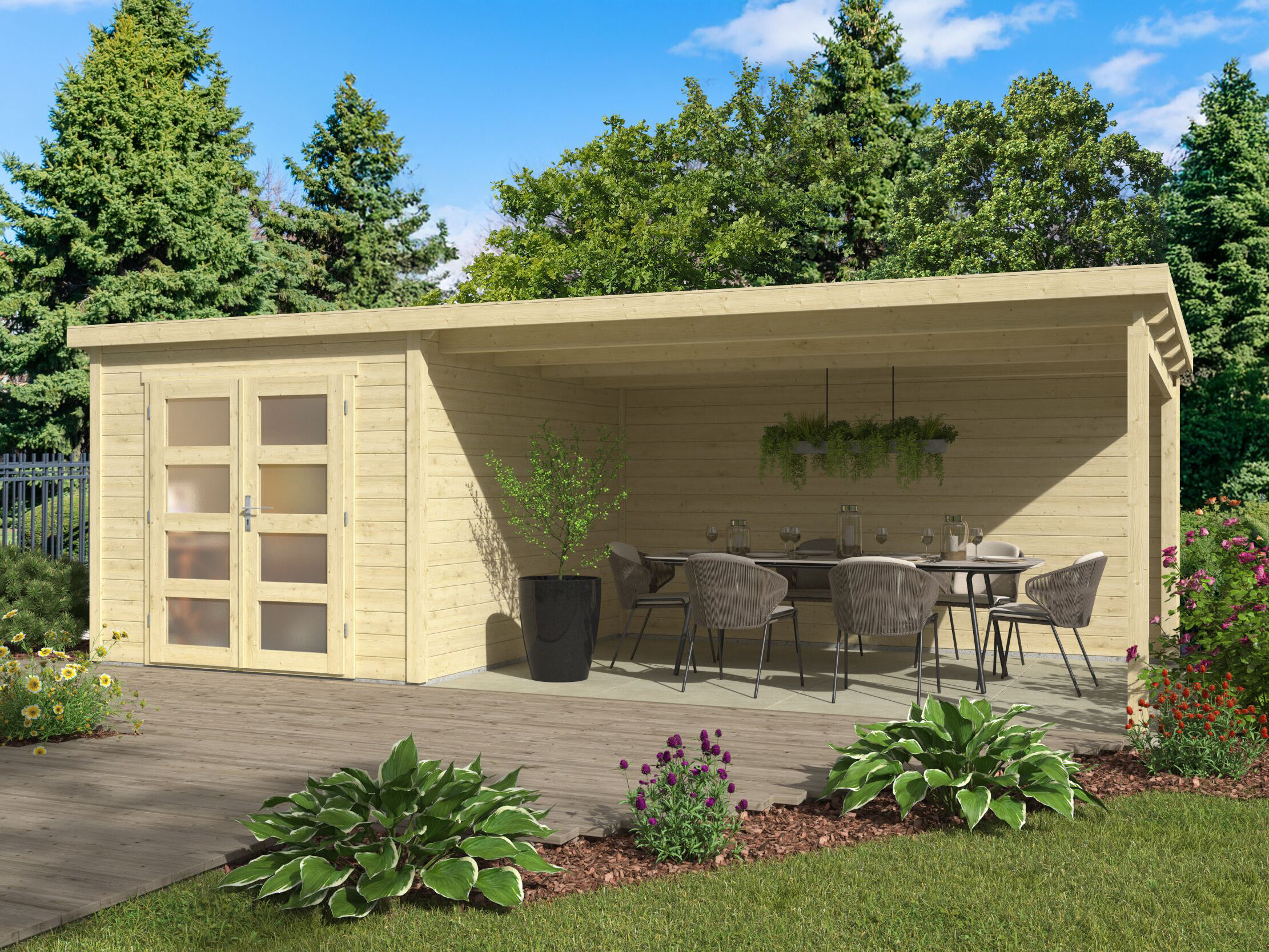 Pultdach Gartenhaus Modell Ella 28-A mit Anbau 6x3m | Rabatt: 26 %
