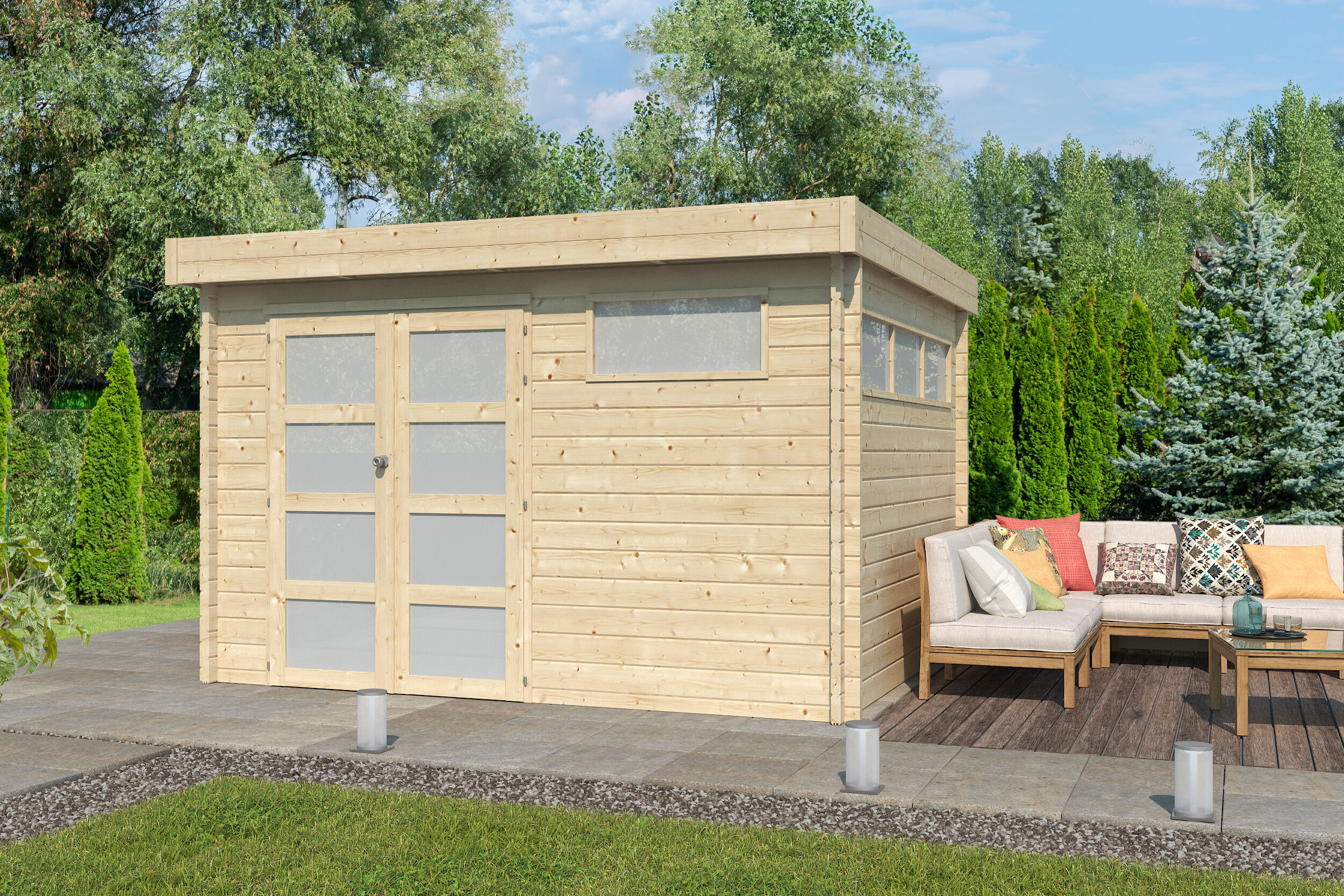 Flachdach Gartenhaus Modell Nelo 44 A 4x3m | Rabatt: 26 %