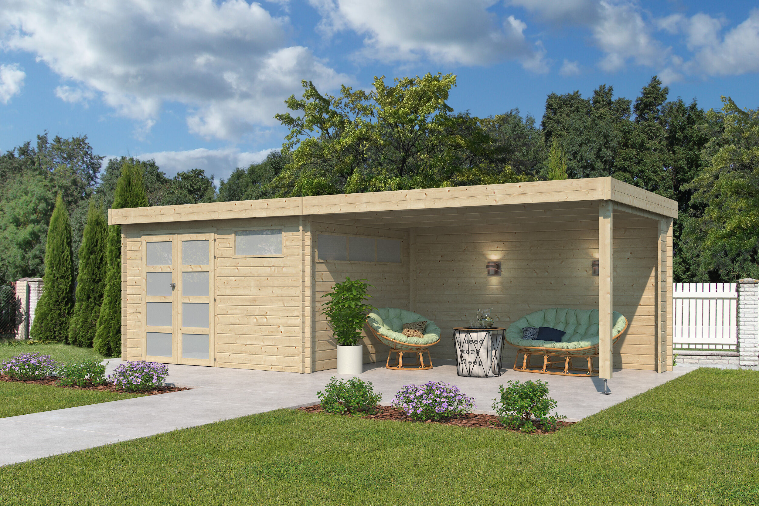 Flachdach Gartenhaus Modell Nelo 44 A + 400 cm Anb 8x4m | Rabatt: 26 %