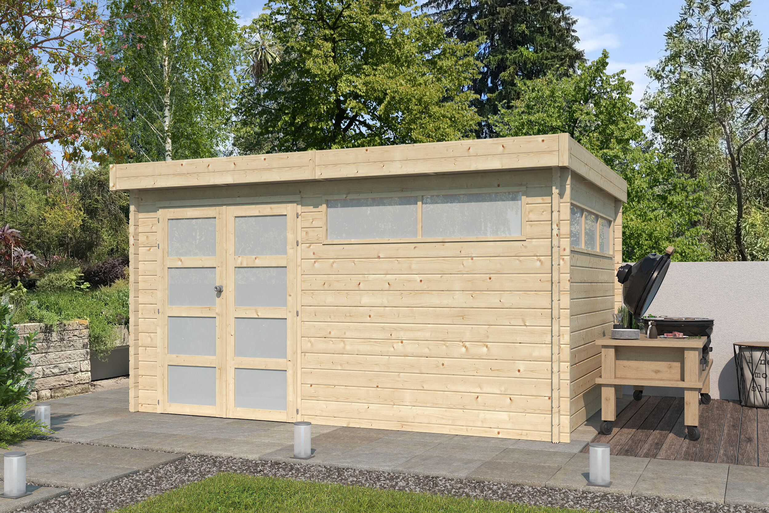 Flachdach Gartenhaus Modell Nelo 44 B 4x3m | Rabatt: 26 %