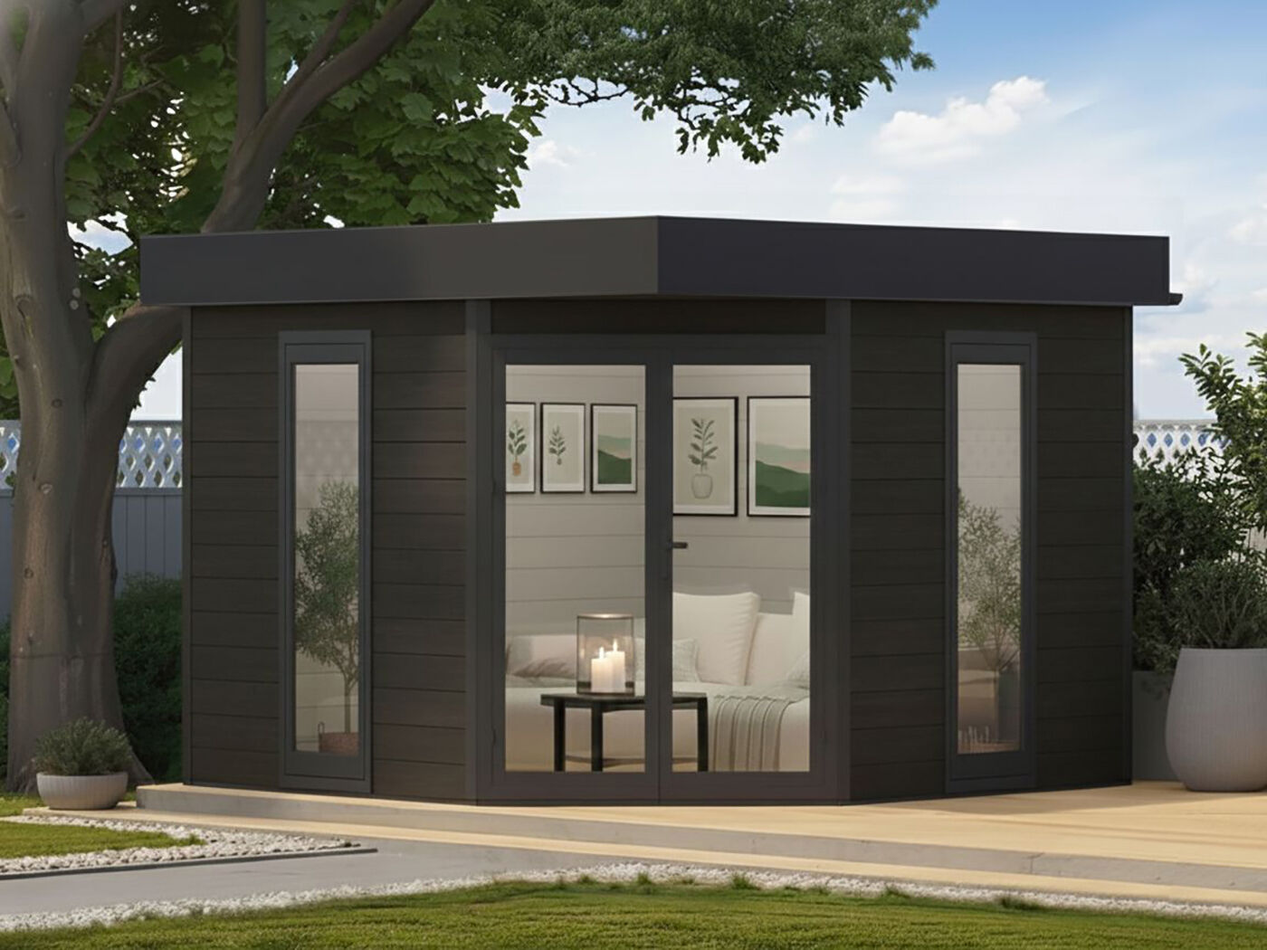 WPC 5-Eck Gartenhaus Modell Style Modern 4x3m | Rabatt: 26 %