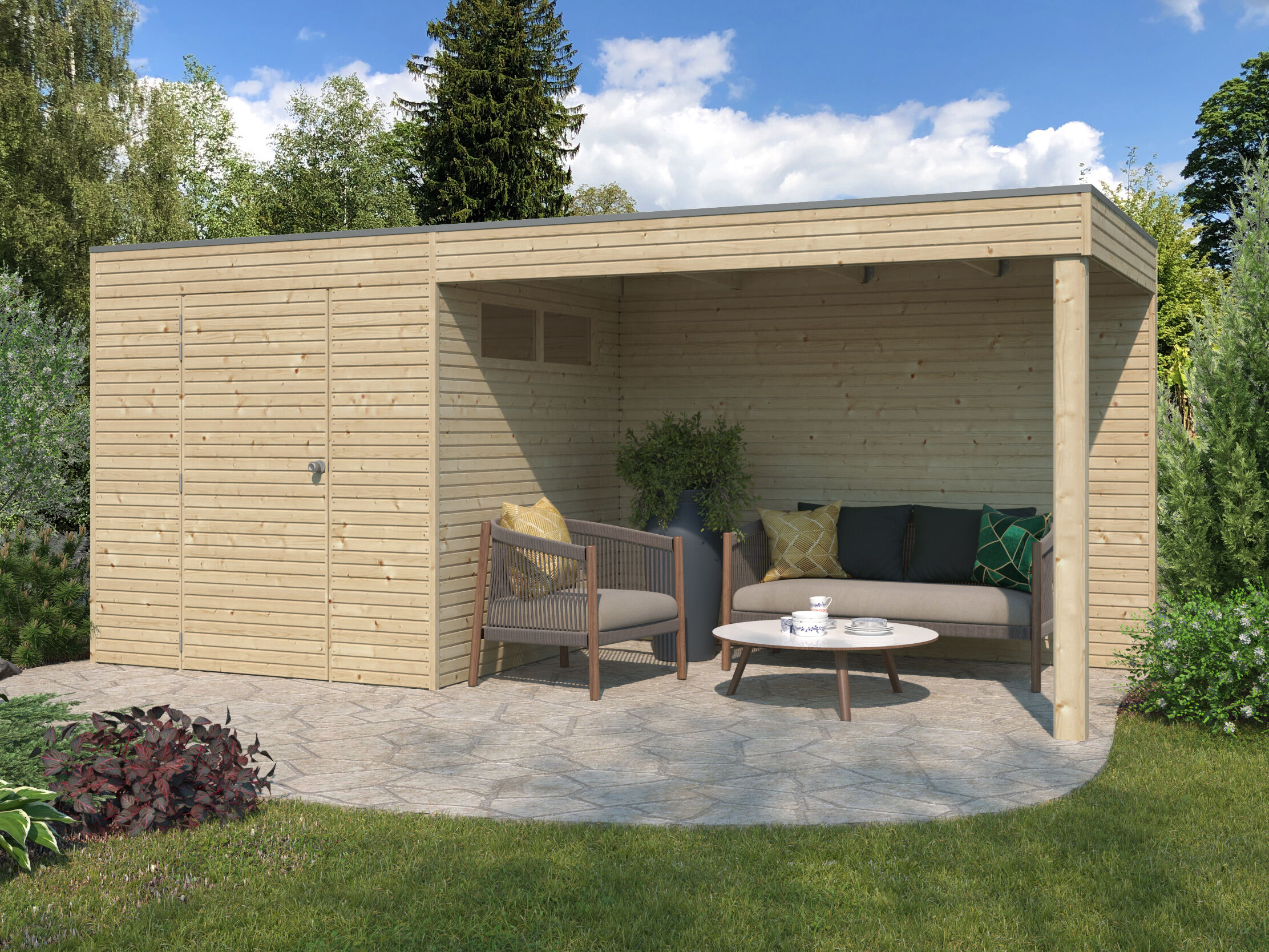Gartenhaus Modell QB-Line 4,41 m² + Anbau 4x3m | Rabatt: 29 %