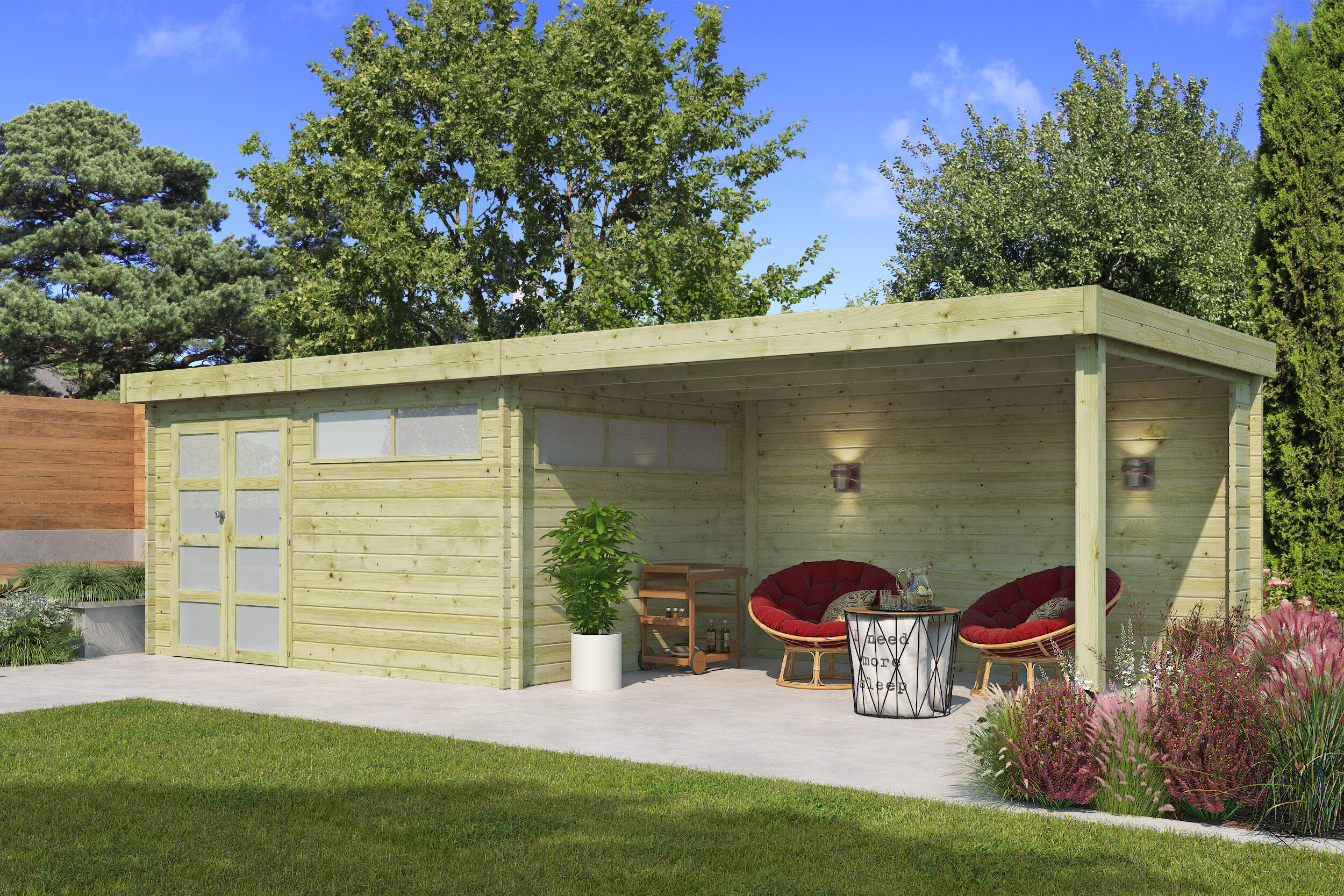 Flachdach Gartenhaus Modell Nelo 44 B mit 400 cm A 8x4m | Rabatt: 26 %