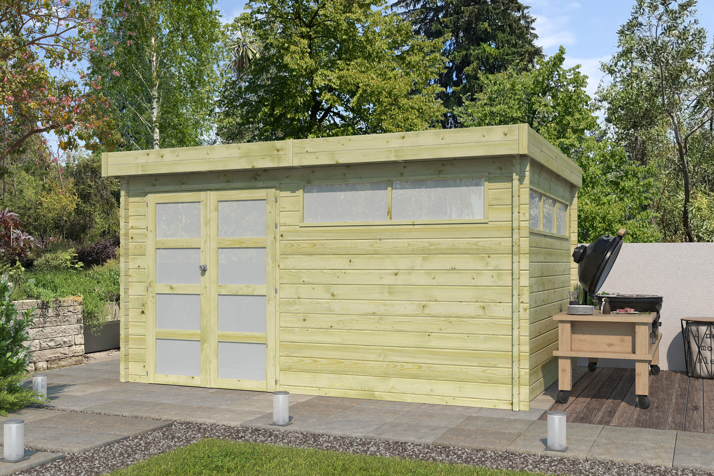 Flachdach Gartenhaus Modell Nelo 44 B 4x3m | Rabatt: 26 %