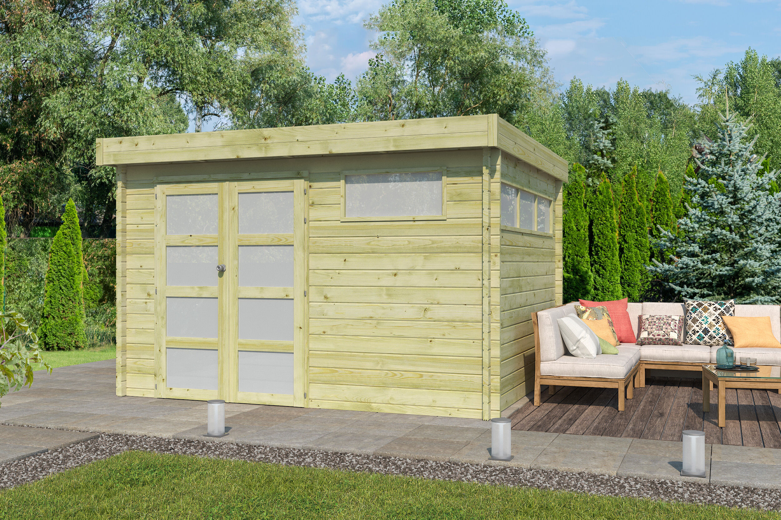 Flachdach Gartenhaus Modell Nelo 44 A 4x3m | Rabatt: 26 %