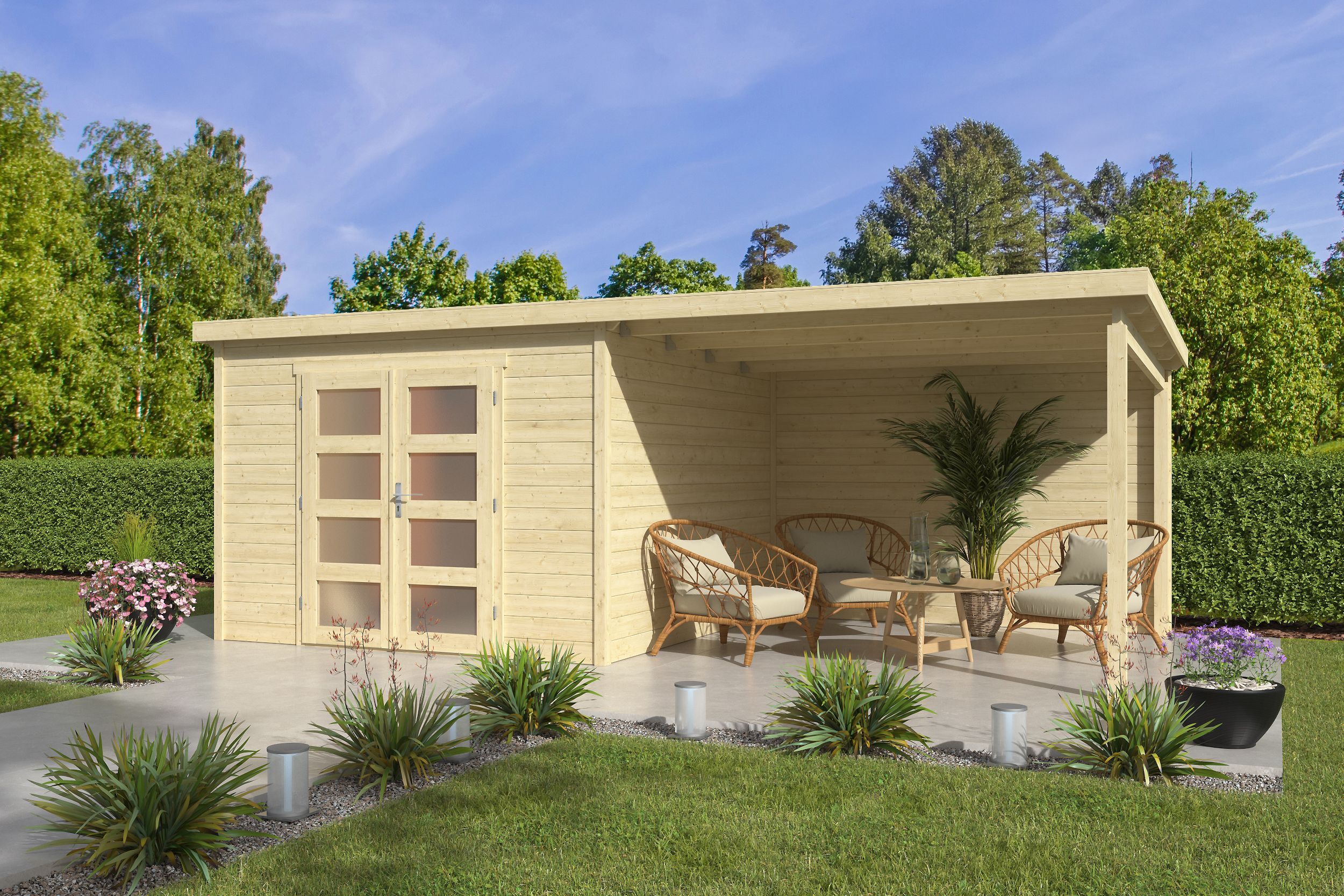 Pultdach Gartenhaus Modell Ella 28-C mit Anbau 6x3m | Rabatt: 26 %