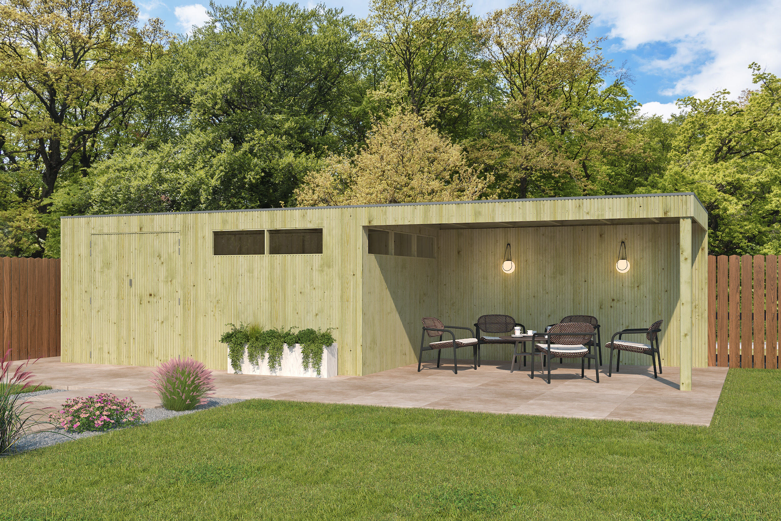 Gartenhaus Modell QBV3-Line 14,90 m² + 400 cm Anba 5x3m | Rabatt: 26 %
